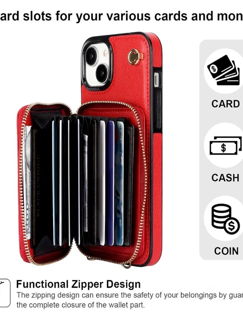 iPhone Red Zipper Wallet Phone Case with Removable Straps With FREE Clear Case